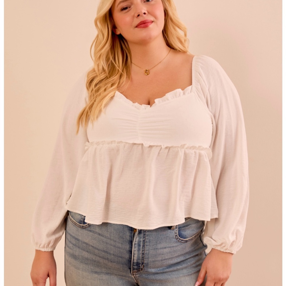 Arula Ivory Ruffle Ruched Peplum Top Long Bubble Sleeve Boho Blouse Plus 2X NWT